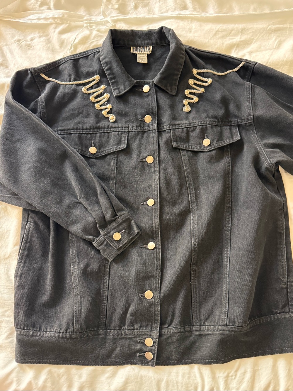 Vintage Forenza Black Denim Jacket with Rope Trim Accents